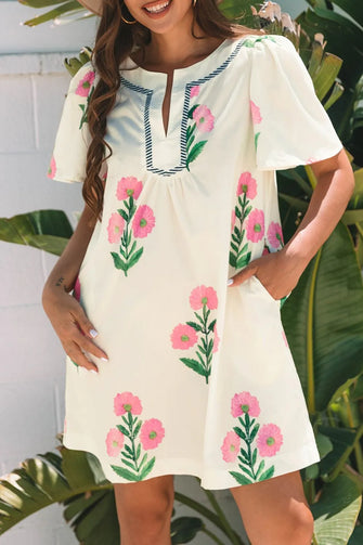 Floral Print Flutter Sleeve Summer Mini Dress Cream