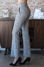 Heimish full size plaid flare pants in gray and white plaid with wide waistband and structured fabric flare pants