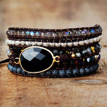 Agate beaded bracelet with black onyx, natural stones on leather