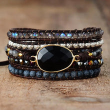 Agate beaded bracelet with black onyx and natural stones on leather