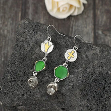 Alloy asymmetric silver dangle earrings with green and clear gemstones