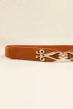 Tan leather belt with silver floral alloy buckle elastic