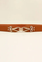 Tan leather elastic belt with alloy buckle and silver scrollwork