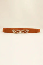 Tan leather elastic belt with alloy buckle and ornate pattern