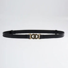 Black alloy buckle PU belt with interlocking double-ring brass design
