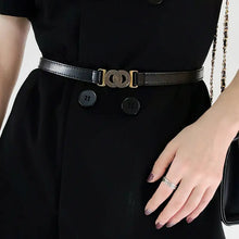 Black alloy buckle PU belt with gold interlocking double-ring design