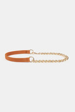 Brown leather alloy chain elastic belt with gold hardware