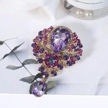 Alloy rhinestone teardrop brooch in purple and pink crystals with dangling gem