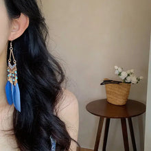 Alloy rice bead dangle earrings with blue feathers and gold turquoise beads