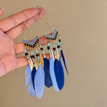 Alloy rice bead dangle earrings with blue, black, gold feather accents