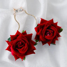 Red velvet rose drop earrings with crystal studs in alloy rose dangle design
