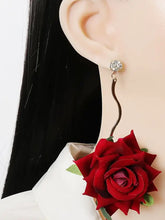 Sparkling alloy rose dangle earrings with vibrant red rose stud