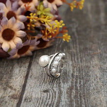Silver-toned alloy open ring with synthetic pearl and layered band