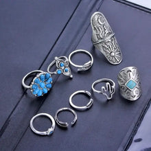 Alloy turquoise ring set with silver-toned rings and blue triangular accents