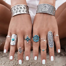 Alloy turquoise ring set with silver bohemian arrow and blue triangular accents