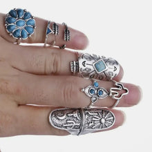 Alloy turquoise ring set with silver skull, blue gemstones, arrows