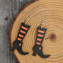 Black and orange witch’s boot dangle wooden boots earrings