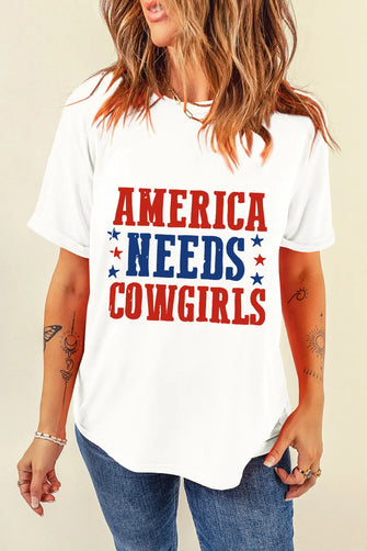 America Needs Cowgirls White Patriotic Graphic T Shirt for Women White