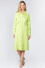A vibrant lime green American Bazi button up distressed denim dress with button front and two chest pockets