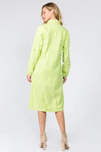 A vibrant lime green american bazi button up distressed denim dress featuring classic collar and distressed denim details
