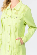 American Bazi neon green distressed denim dress with silver buttons and front pockets in distressed denim style