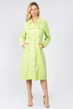 American Bazi vibrant lime green distressed denim dress with button front and two chest pockets in denim material
