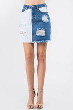 American bazi contrast patched frayed denim mini skirt with split blue and white design and distressed frayed hems