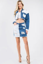 American bazi contrast patched frayed denim jacket and skirt set in blue and white with distressed edges