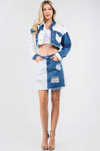 American Bazi two-tone denim jacket and skirt set with contrast patched frayed distressed edges in blue and white