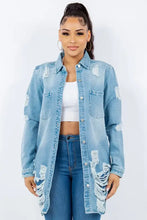 American Bazi Distressed Button Up Long Sleeve Denim Jacket Lt Blue Woman Outerwear