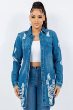 American Bazi Distressed Button Up Long Sleeve Denim Jacket M Blue Woman Outerwear