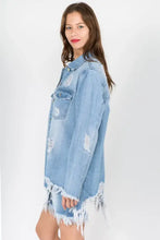 American Bazi Distressed Frayed Hem Denim Jacket with Oversized Fit
