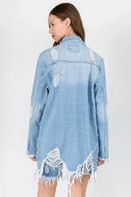 American Bazi Distressed Frayed Hem Denim Jacket in light blue with distressed details and frayed edges