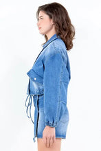 American Bazi Full Size Drop Shoulder Cropped Denim Jacket with Waist Strap Plus Size Woman Outerwear