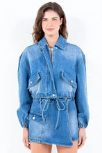 American Bazi Full Size Drop Shoulder Cropped Denim Jacket with Waist Strap Plus Size Blue Woman Outerwear