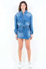 American Bazi Full Size Drop Shoulder Cropped Denim Jacket with Waist Strap Plus Size Woman Outerwear
