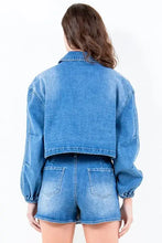 American Bazi Full Size Drop Shoulder Cropped Denim Jacket with Waist Strap Plus Size Woman Outerwear