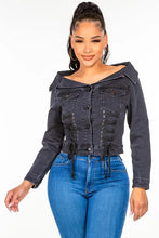 American Bazi off shoulder lace up denim jacket on plus size model