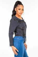 American Bazi off shoulder lace up denim jacket with black fringed details