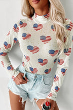 American Flag Heart Pattern Long Sleeve Bodysuit for Women White