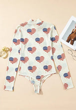 American Flag Heart Pattern Long Sleeve Bodysuit for Women