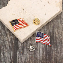 Two American flag lapel pins with butterfly clutches and piece drip oil enamel finish