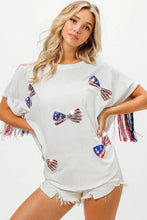 American Flag Sequin Ribbon Patriotic Fringe T Shirt for Women OFF WHITE