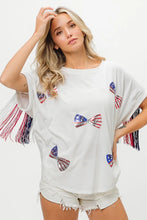 American Flag Sequin Ribbon Patriotic Fringe T Shirt for Women