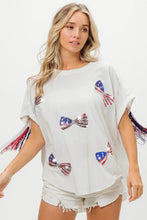American Flag Sequin Ribbon Patriotic Fringe T Shirt for Women Woman T Shirts