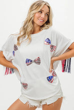 American Flag Sequin Ribbon Patriotic Fringe T Shirt for Women