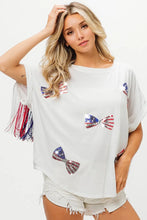 American Flag Sequin Ribbon Patriotic Fringe T Shirt for Women