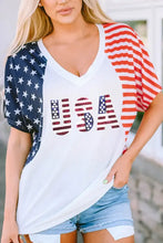 American Flag Sequin V-Neck T-Shirt for Women White Woman T Shirts
