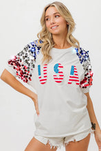 American Flag Theme Sequin White T Shirt for Women OFF WHITE