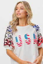 American Flag Theme Sequin White T Shirt for Women